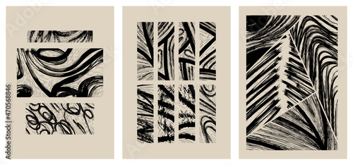 A set of three artistic illustrations in Japanese vintage style. Minimalistic background with line art. Modern oriental poster design. Aesthetic painting in pastel colors with various shapes.