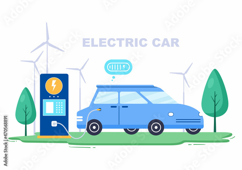 Charging Electric Car Batteries with the Concept of Charger and Cable Plugs that use Green Environment, Ecology, Sustainability or Clean Air. Vector illustration