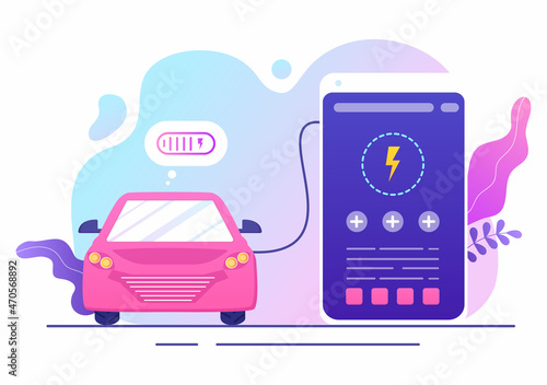 Charging Electric Car Batteries with the Concept of Charger and Cable Plugs that use Green Environment, Ecology, Sustainability or Clean Air. Vector illustration