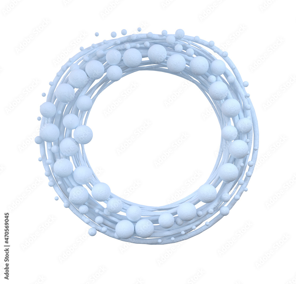 Beautiful white wreath with snow balls isolated on a white background. Christmas decoration. Festive winter design of the cover, prints, packaging, decor, fabric. 3d illustration Beautiful white wreath with snow balls isolated on a white background. Christmas decoration. Festive winter design of the cover, prints, packaging, decor, fabric. 3d illustration