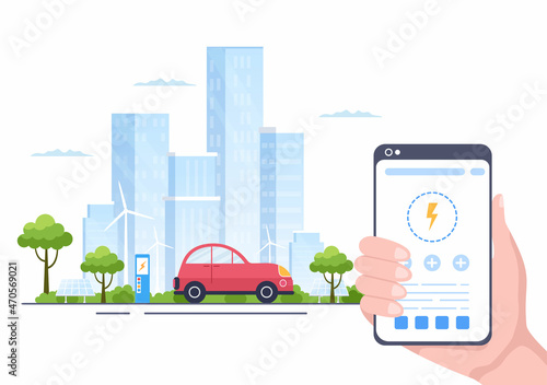 Charging Electric Car Batteries with the Concept of Charger and Cable Plugs that use Green Environment, Ecology, Sustainability or Clean Air. Vector illustration