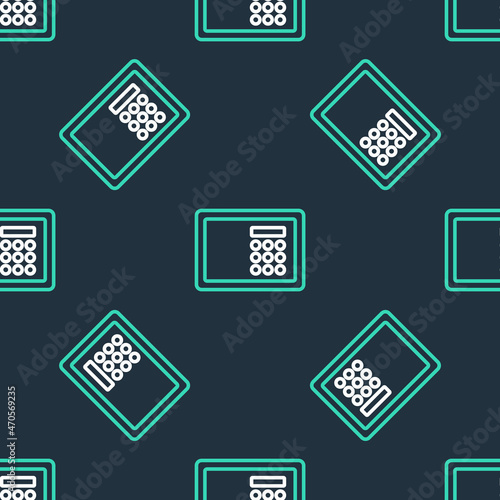 Line Safe icon isolated seamless pattern on black background. The door safe a bank vault with a combination lock. Reliable Data Protection. Vector