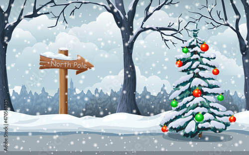 winter snowy landscape, festive illustration with spruce tree, wooden signpost in snow, snowfall. cute picture of magic forest at Christmas Time. great for holiday design. cartoon style vector clipart