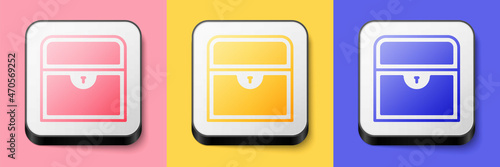 Isometric Antique treasure chest icon isolated on pink, yellow and blue background. Vintage wooden chest with golden coin. Square button. Vector