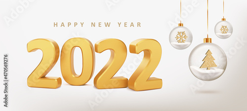 2022 Happy New Year. New Year card with numbers 2022 on beige background with glass balls. Realistic vector illustration.