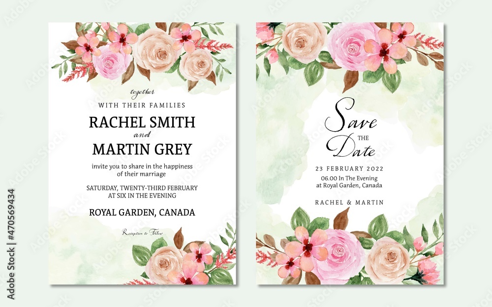 Set of pink floral wedding invitation