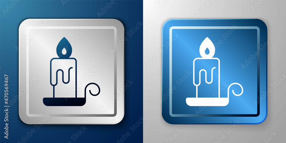 White Burning candle in candlestick icon isolated on blue and grey background. Cylindrical candle stick with burning flame. Silver and blue square button. Vector White Burning candle in candlestick icon isolated on blue and grey background. Cylindrical candle stick with burning flame. Silver and blue square button. Vector