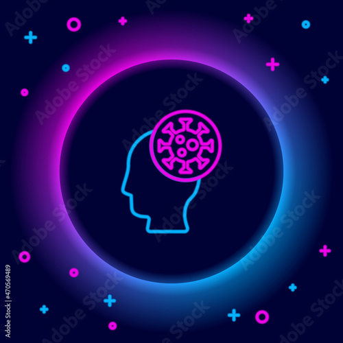 Glowing neon line Human and virus icon isolated on black background. Corona virus 2019-nCoV. Bacteria and germs, cell cancer, microbe, fungi. Colorful outline concept. Vector