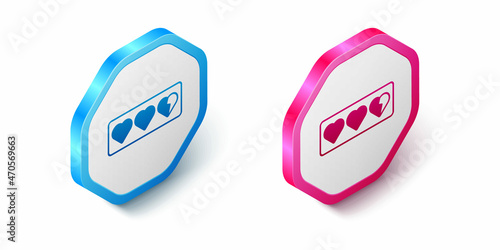 Isometric Game life bar icon isolated on white background. Health heart bar. Hexagon button. Vector