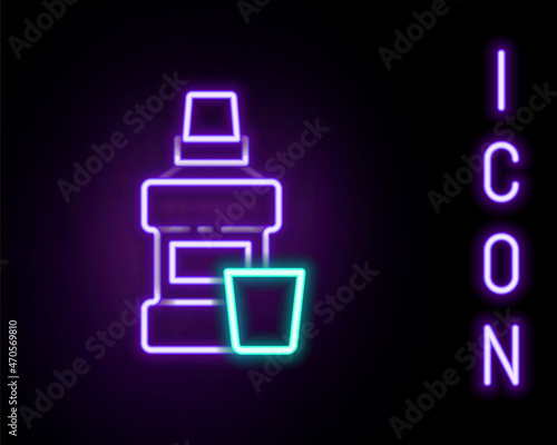 Glowing neon line Mouthwash plastic bottle and glass icon isolated on black background. Liquid for rinsing mouth. Oralcare equipment. Colorful outline concept. Vector