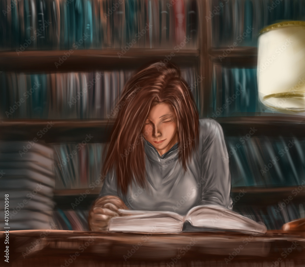 woman reading a book in the library painting woman reading a book in the library painting