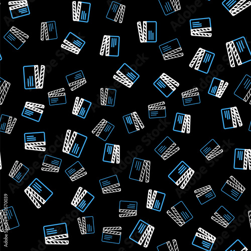 Line Movie clapper icon isolated seamless pattern on black background. Film clapper board. Clapperboard sign. Cinema production or media industry. Vector