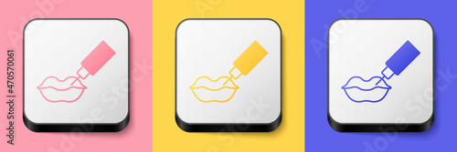 Isometric Lip augmentation icon isolated on pink, yellow and blue background. Hyaluronic acid lips injection. Contour plastic. Square button. Vector