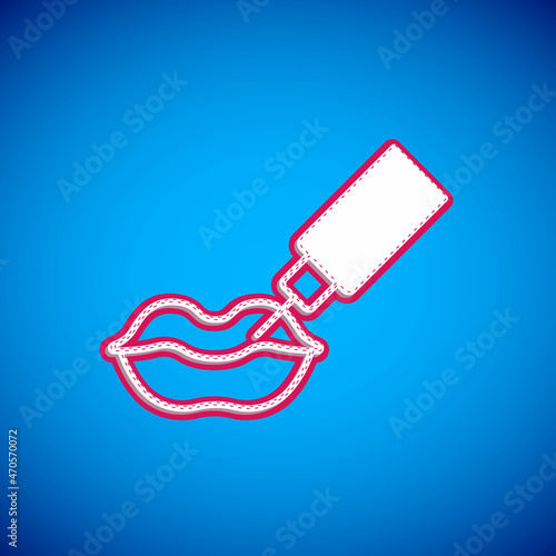 White Lip augmentation icon isolated on blue background. Hyaluronic acid lips injection. Contour plastic. Vector