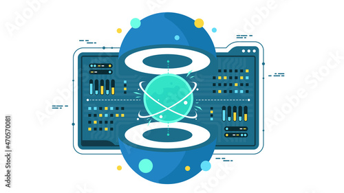 Technology infographic design for quantum computer. Blockchain server concept, server room, database, information storage. Creative data concept.