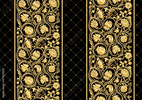 Fantasy flowers in retro, vintage, embroidery style. Seamless pattern, background. In gold and black.