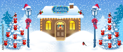 Christmas card with streetlamp in Santa hat  and Santa's workshop against winter forest background. New Year design card in retro style.