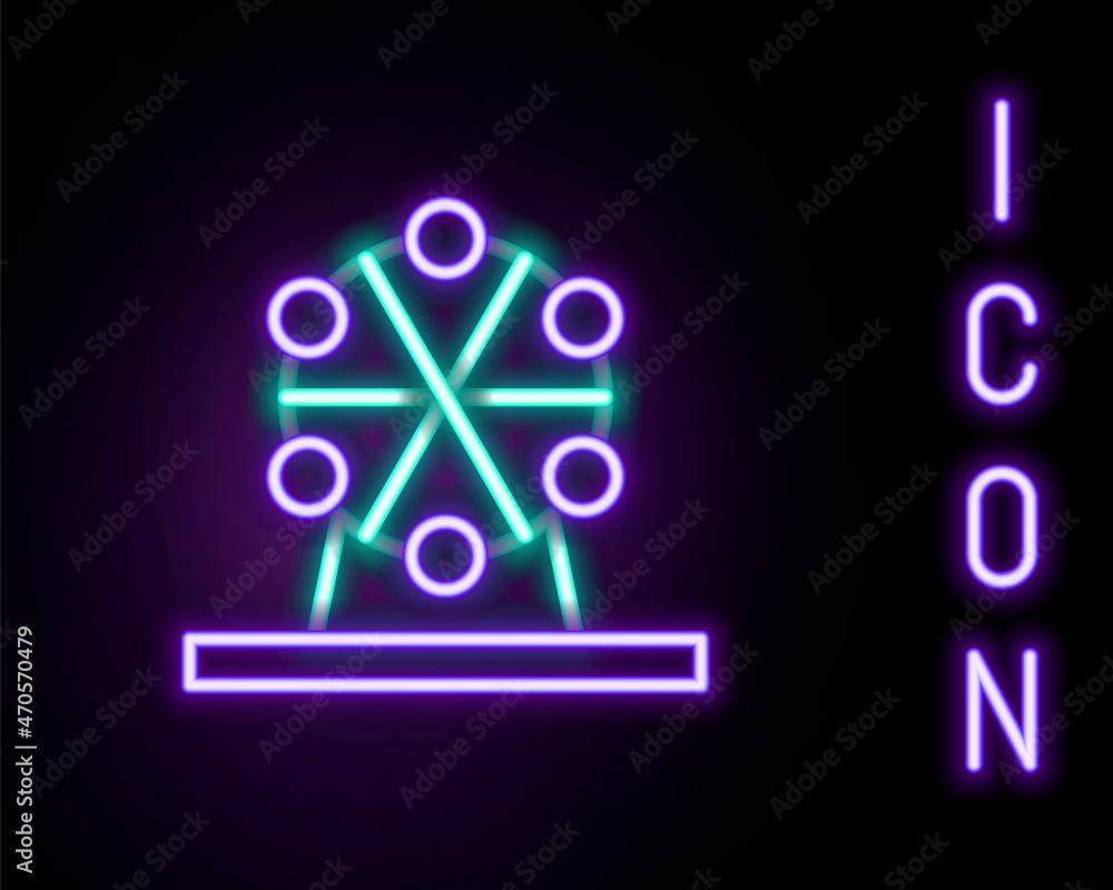 Glowing neon line Ferris wheel icon isolated on black background. Amusement park. Childrens entertainment playground, recreation park. Colorful outline concept. Vector Glowing neon line Ferris wheel icon isolated on black background. Amusement park. Childrens entertainment playground, recreation park. Colorful outline concept. Vector