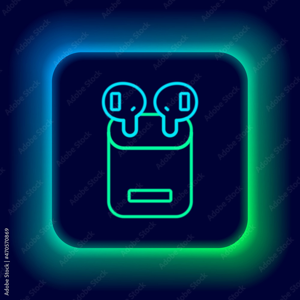 Glowing neon line Air headphones in box icon isolated on black background. Holder wireless in case earphones garniture electronic gadget. Colorful outline concept. Vector Glowing neon line Air headphones in box icon isolated on black background. Holder wireless in case earphones garniture electronic gadget. Colorful outline concept. Vector