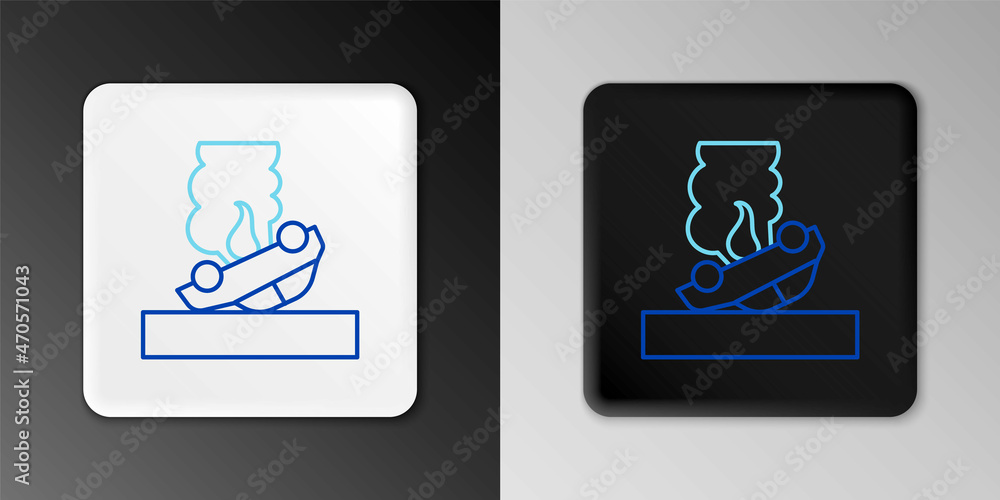 Line Burning car icon isolated on grey background. Car on fire. Broken auto covered with fire and smoke. Colorful outline concept. Vector Line Burning car icon isolated on grey background. Car on fire. Broken auto covered with fire and smoke. Colorful outline concept. Vector
