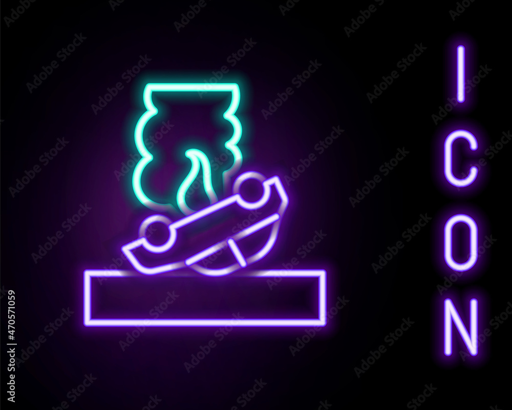 Glowing neon line Burning car icon isolated on black background. Car on fire. Broken auto covered with fire and smoke. Colorful outline concept. Vector Glowing neon line Burning car icon isolated on black background. Car on fire. Broken auto covered with fire and smoke. Colorful outline concept. Vector