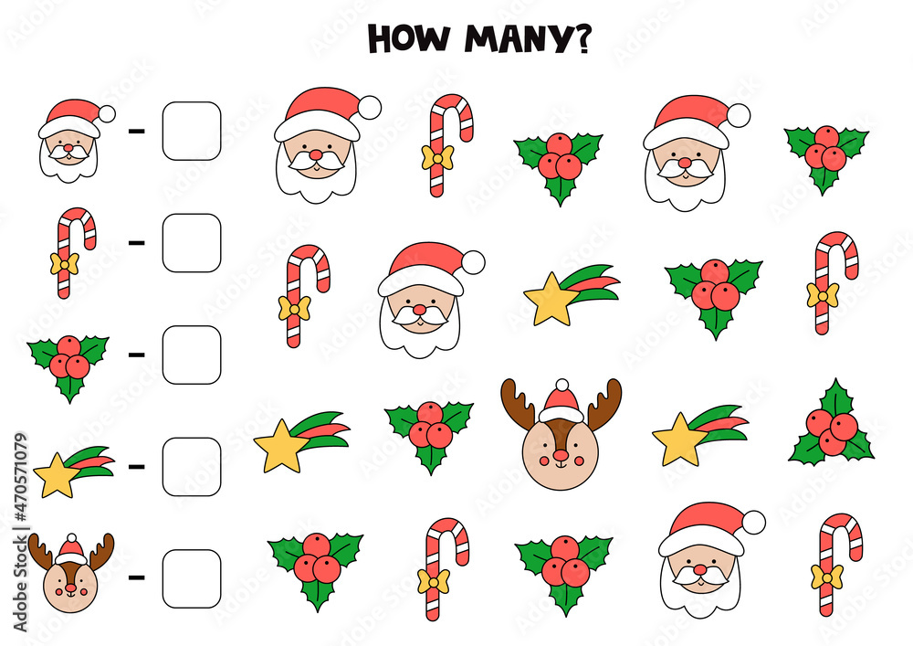 Counting game with Christmas pictures. Math worksheet.