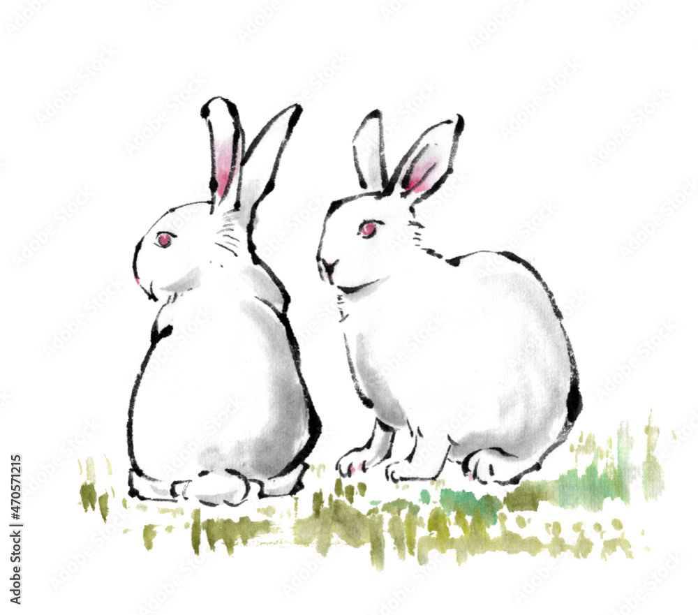 水墨画技法で描いた2匹のウサギstock Vector Adobe Stock