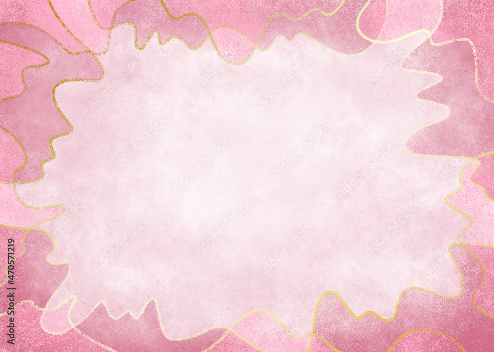 Abstract grunge background in pink with gold flowing lines in the shape of a frame