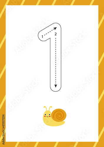 Cute flashcard how to write number 1. Worksheet for kids.