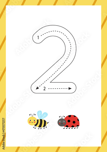 Cute flashcard how to write number 2. Worksheet for kids.