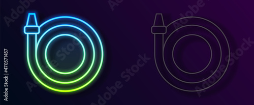 Glowing neon line Garden hose icon isolated on black background. Spray gun icon. Watering equipment. Vector