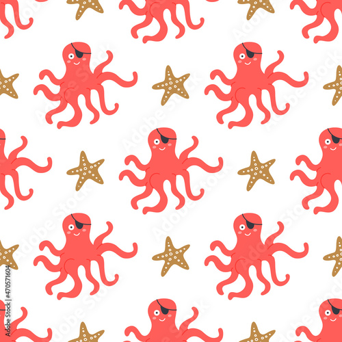 Octopus with pirate armband and starfish  vector seamless pattern in flat cartoon style