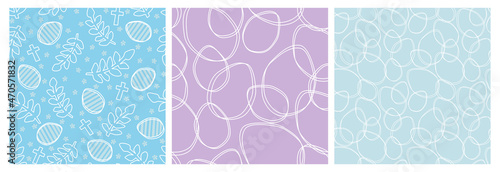  Easter egg seamless pattern in pastel colours. Soft blue and lilac vector design for spring holiday with religious cross symbol, flowers and leaves.