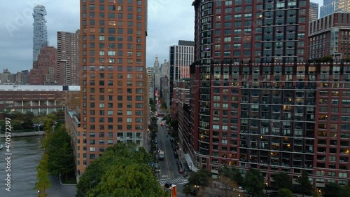 Aerial drone view towards the apartments and schools on the Chambers St, in Tribeca, New York photo