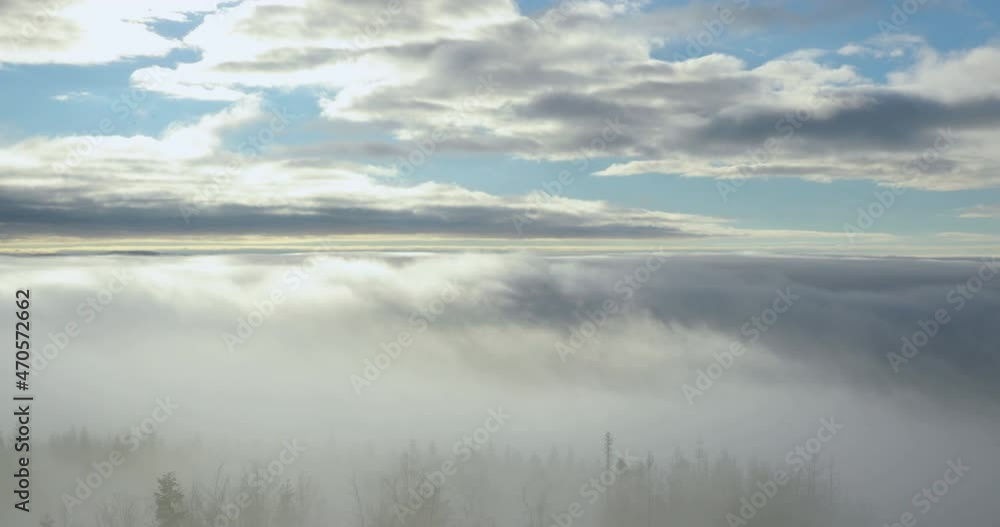 Fog advancing over the forest and surrounding hills during a sunny afternoon. Fog advancing over the forest and surrounding hills during a sunny afternoon.