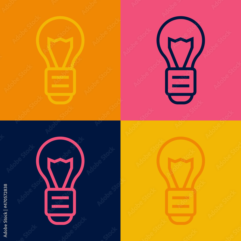 Pop art line Creative lamp light idea icon isolated on color background. Concept ideas inspiration, invention, effective thinking, knowledge and education. Vector Pop art line Creative lamp light idea icon isolated on color background. Concept ideas inspiration, invention, effective thinking, knowledge and education. Vector