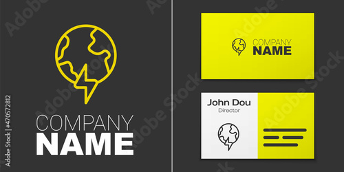 Logotype line Global energy power planet with flash thunderbolt icon isolated on grey background. Ecology concept and environmental. Logo design template element. Vector