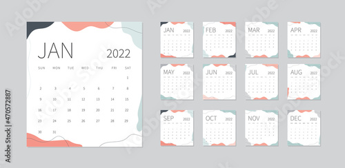 Calendar 2022 template. Week Starts Sunday. Minimal calendar planner design. Trendy editable. Vector illustration