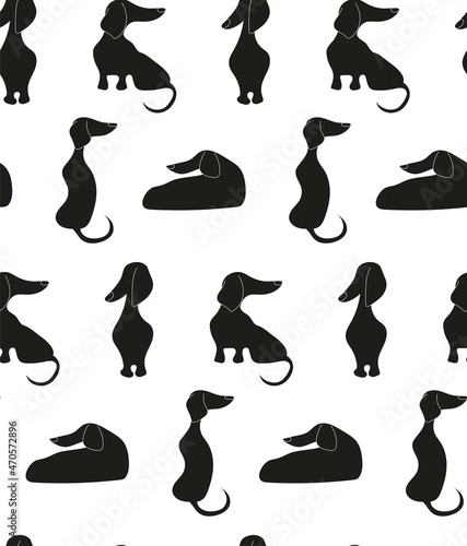 Seamless pattern of black silhouettes of dog Dachshund breed in various poses. Hand-drawn stylized image. Vector illustration