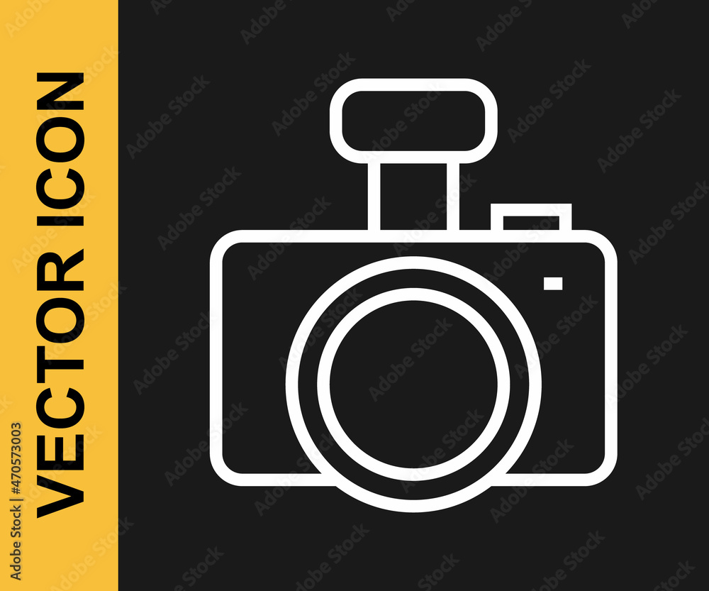 White line Photo camera icon isolated on black background. Foto camera. Digital photography. Vector