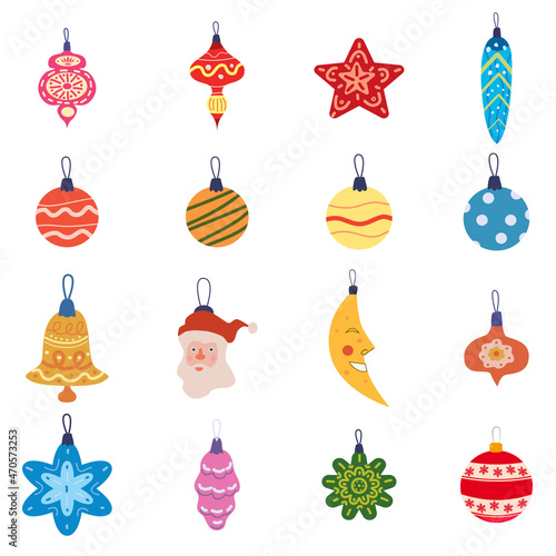 Set of Christmas balls toys, vintage baubles and decoration. Vector collection retro decorations, falt cartoon style