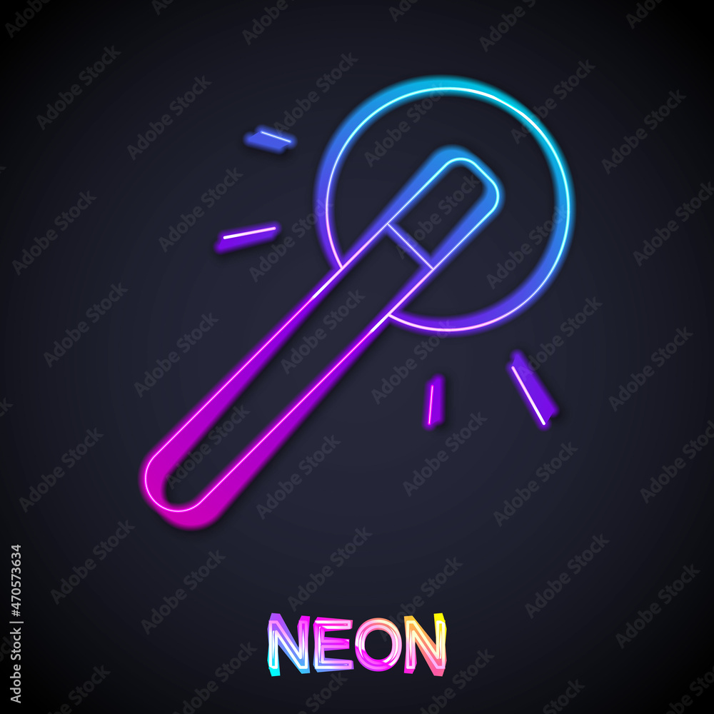 Glowing neon line Magic wand icon isolated on black background. Star shape magic accessory. Magical power. Happy Halloween party. Vector Glowing neon line Magic wand icon isolated on black background. Star shape magic accessory. Magical power. Happy Halloween party. Vector