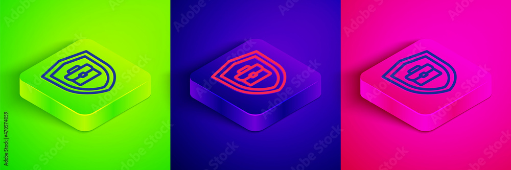 Isometric line Briefcase with shield icon isolated on green, blue and pink background. Insurance concept. Security, safety, protection, protect concept. Square button. Vector Isometric line Briefcase with shield icon isolated on green, blue and pink background. Insurance concept. Security, safety, protection, protect concept. Square button. Vector