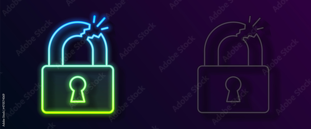 Glowing neon line Broken or cracked lock icon isolated on black background. Unlock sign. Vector Glowing neon line Broken or cracked lock icon isolated on black background. Unlock sign. Vector