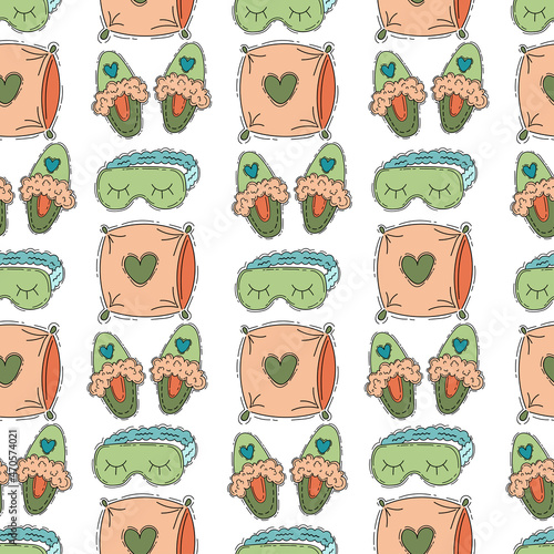 Seamless pattern about morning routine with sleep mask, pillow and slippers on a white background in cartoon style.
