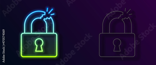 Glowing neon line Broken or cracked lock icon isolated on black background. Unlock sign. Vector