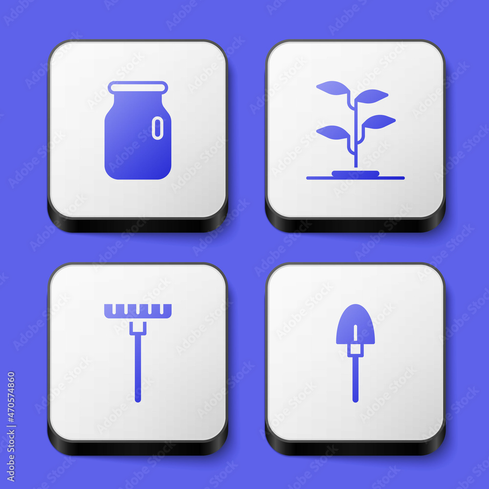Set Glass jar with screw-cap, Sprout, Garden rake and Shovel icon. White square button. Vector Set Glass jar with screw-cap, Sprout, Garden rake and Shovel icon. White square button. Vector