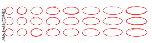 Hand drawn red ovals and circles set. Ovals of different widths. Highlight circle frames. Ellipses in doodle style. Set of vector illustration isolated on white background.