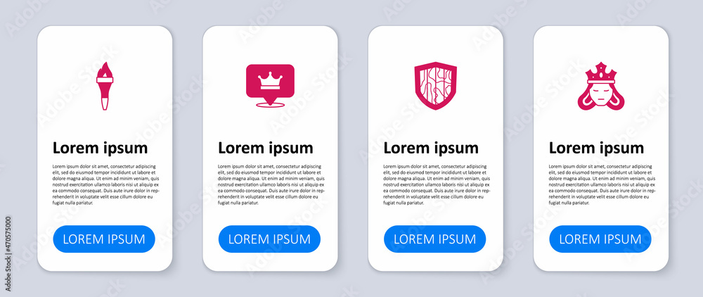 Set Princess or queen, Shield, King crown and Torch flame. Business infographic template. Vector Set Princess or queen, Shield, King crown and Torch flame. Business infographic template. Vector