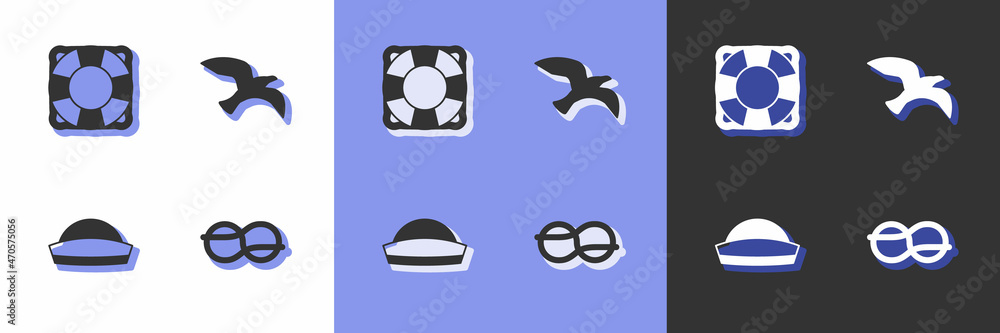 Set Nautical rope knots, Lifebuoy, Sailor hat and Bird seagull icon. Vector Set Nautical rope knots, Lifebuoy, Sailor hat and Bird seagull icon. Vector